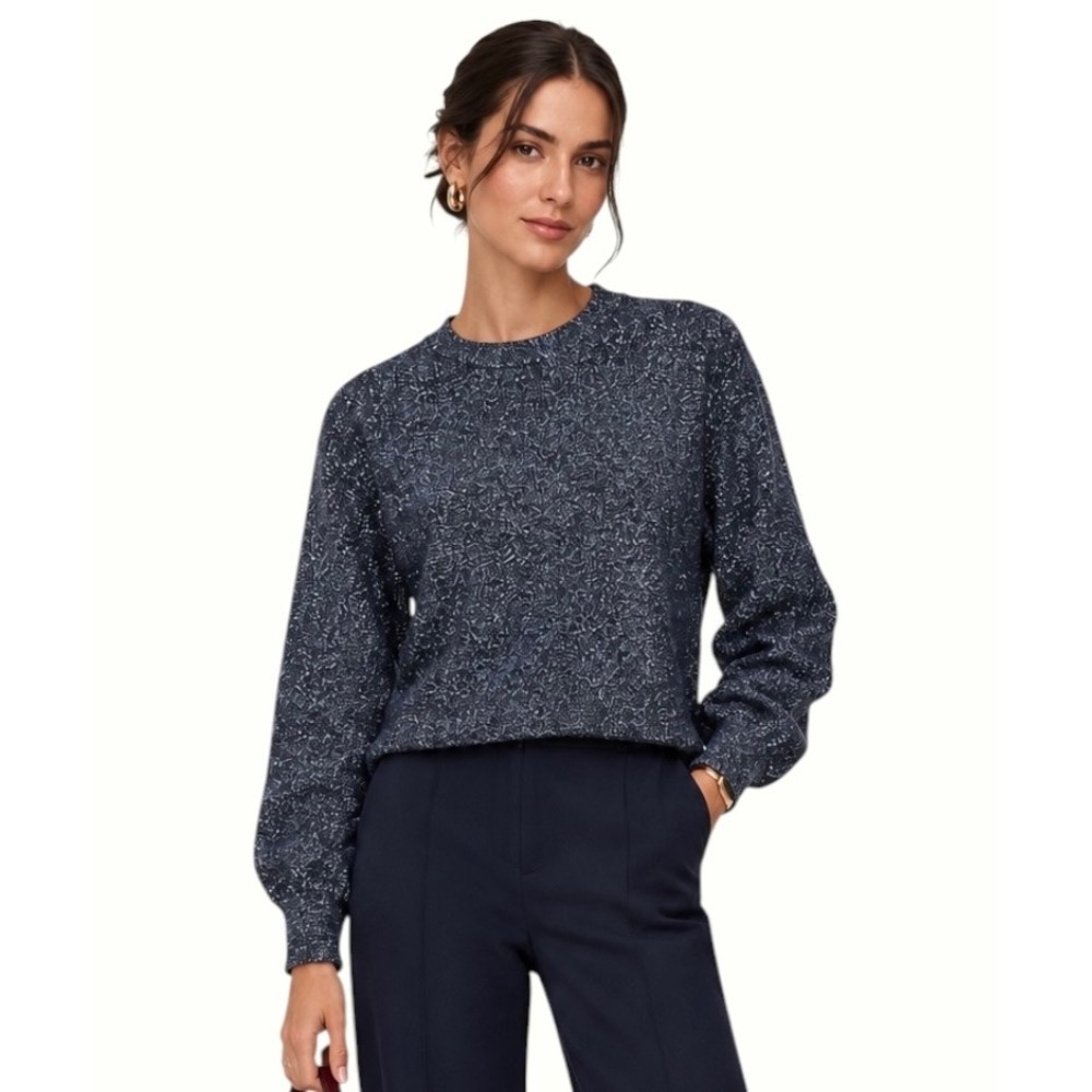 J.Crew Sweater Women Small Metallic Navy Blue Black Shimmer Crewneck Side Slit